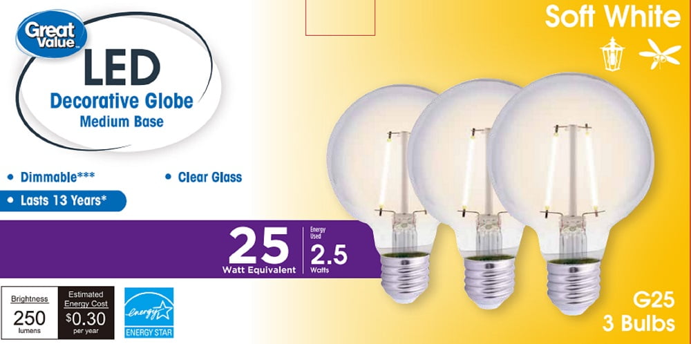 Great Value LED Light Bulb G25 25 Watts Eqv. Softwhite, E26 Base, 3 Pack