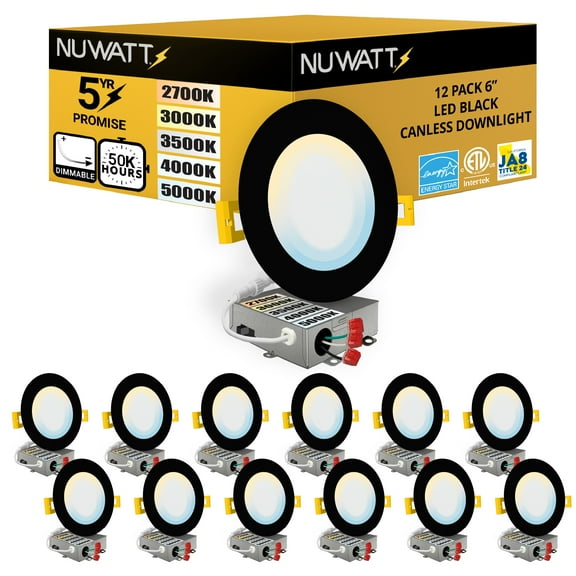 NuWatt 6'' Black Trim Ultra Slim 5CCT Selectable LED Canless Recessed Downlight, Dimmble 12PK
