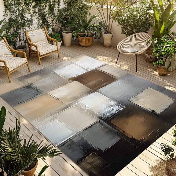 Fsddascl Gray Brown Outdoor Rug for Patio/Deck/Porch, Non-Slip Large Area Rug 4 x 6 Ft, Abstract Oil Painting Color Blocks Indoor Outdoor Rugs Washable Area Rugs, Reversible Camping Rug Carpet