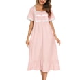 thumbnail image 2 of Defitshape Women's Cotton Victorian Nightgown Short Sleeve Sleep Dress Lace Frill Calf Length Square Neck Billowy Old Fashioned Pajama Shirt Summer Soft Sleepwear Long Nighty Pocket Pink Large, 2 of 5