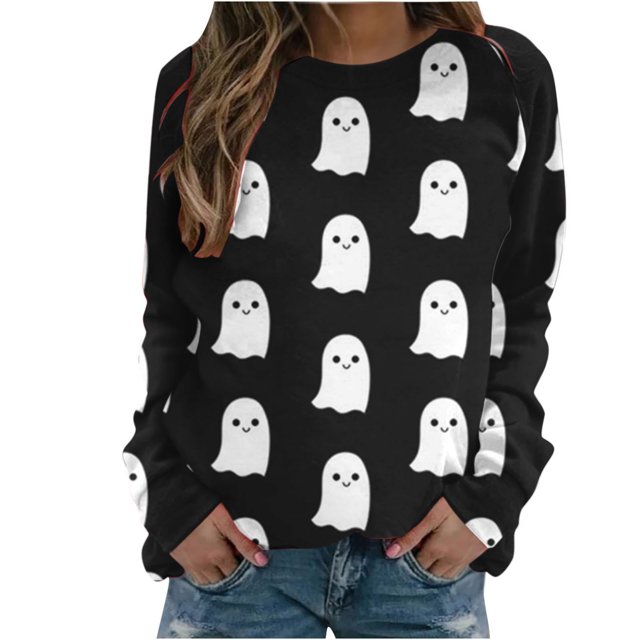 Rbaofujie Chandails pour Femmes Mode Tendance Manches Longues Col Rond Imprimé Halloween Chandail en Molleton Noir Automne Chandails à Capuchon pour Femmes