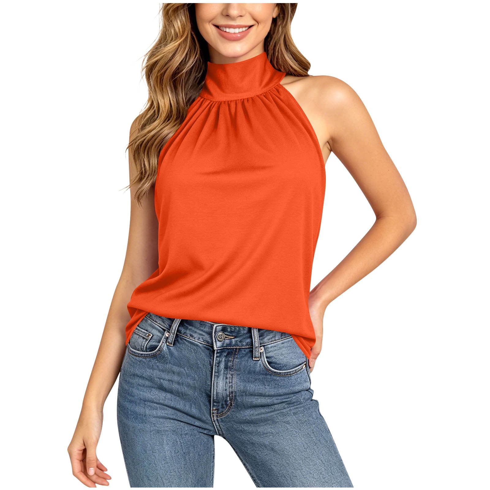 【usagi】HALTER HIGH NECK CAMISOLE TOPS Kukoosong Women's Mock Neck Halter Tank Tops, Sleeveless Gathered