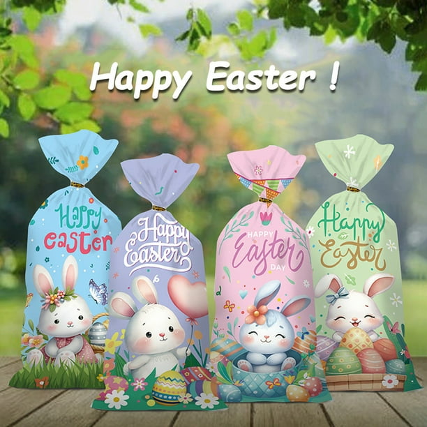 Bolsas de dulces de Pascua con lazos | 50 bolsas de regalo con estampado de conejito y huevo de Pascua para dulces, golosinas y recuerdos de fiesta | Bolsas de plástico OPP de 12,5 x 27 cm para