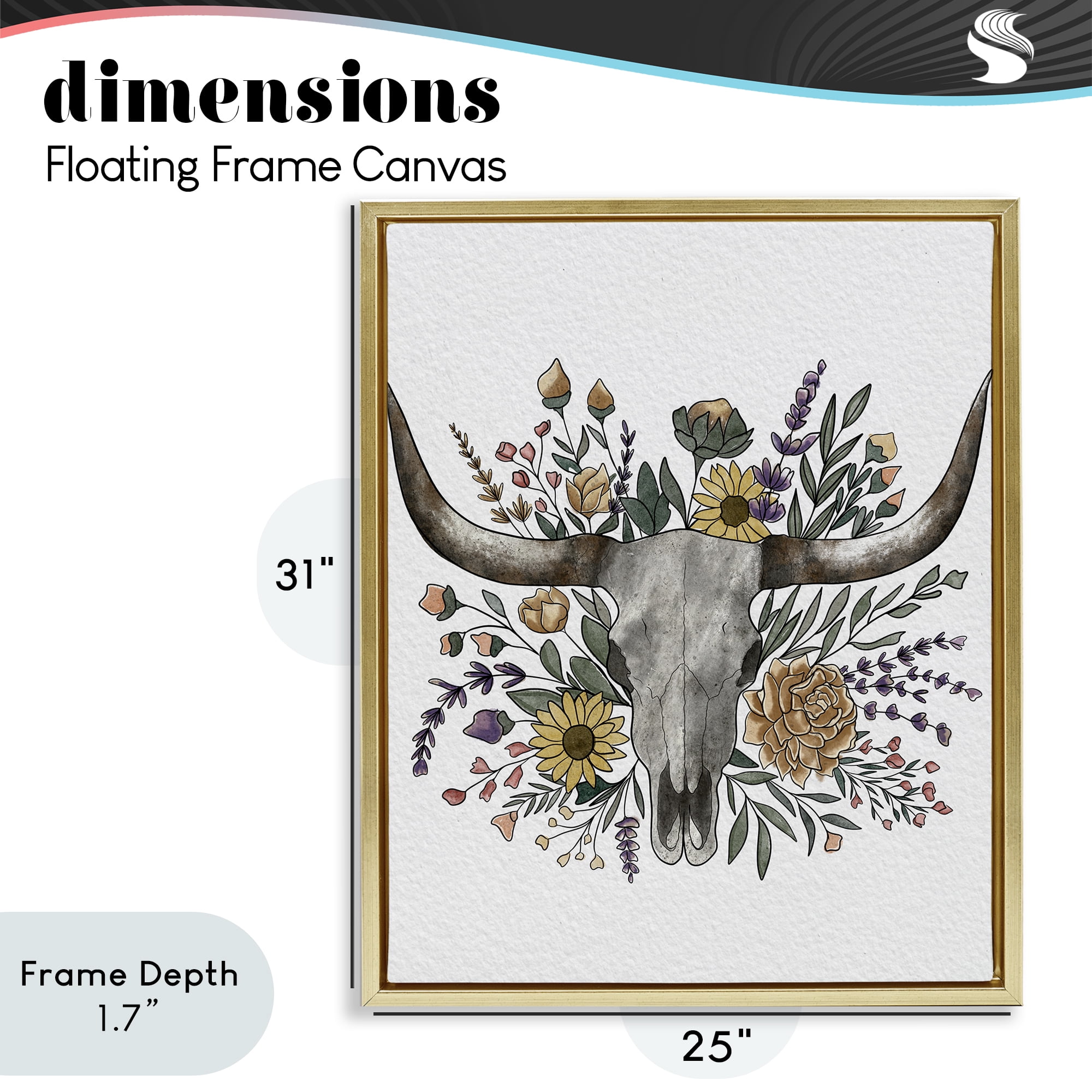 Stupell Industries Boho Wildflower Longhorn Gold Framed Floater Canvas Wall Art, design by Alisha Kiara Design