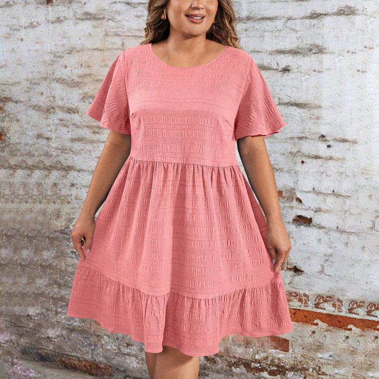 Pink Ladies Brunch Short Sleeve Dress for Juniors Crew Neck Spandex Midi  Knee Length Plus Size Plain Fall Summer 2025 Clothing Y2K XL - Walmart.com