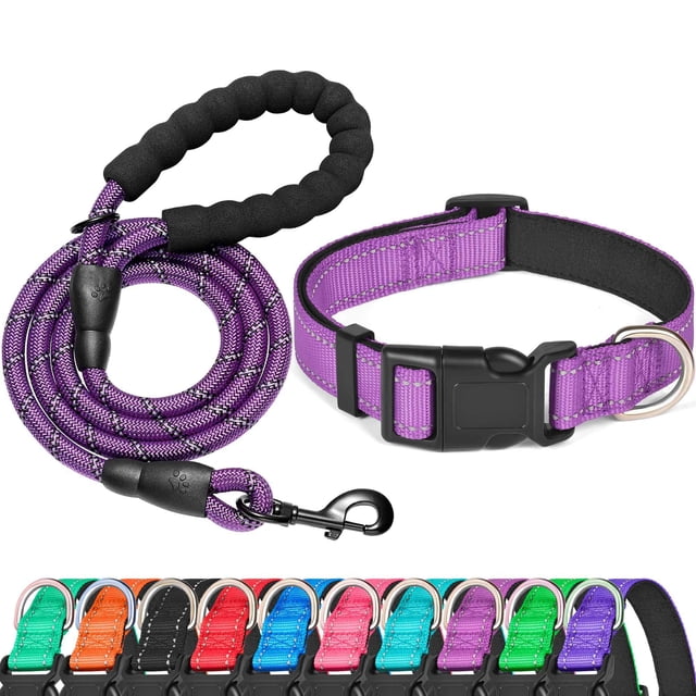 Reflective Dog Collar Padded with Soft Neoprene Breathable Adjustable Nylon Dog Collars for Small Medium Large Dogs (Medium (Pack of 1), Blue Collar+Leash)