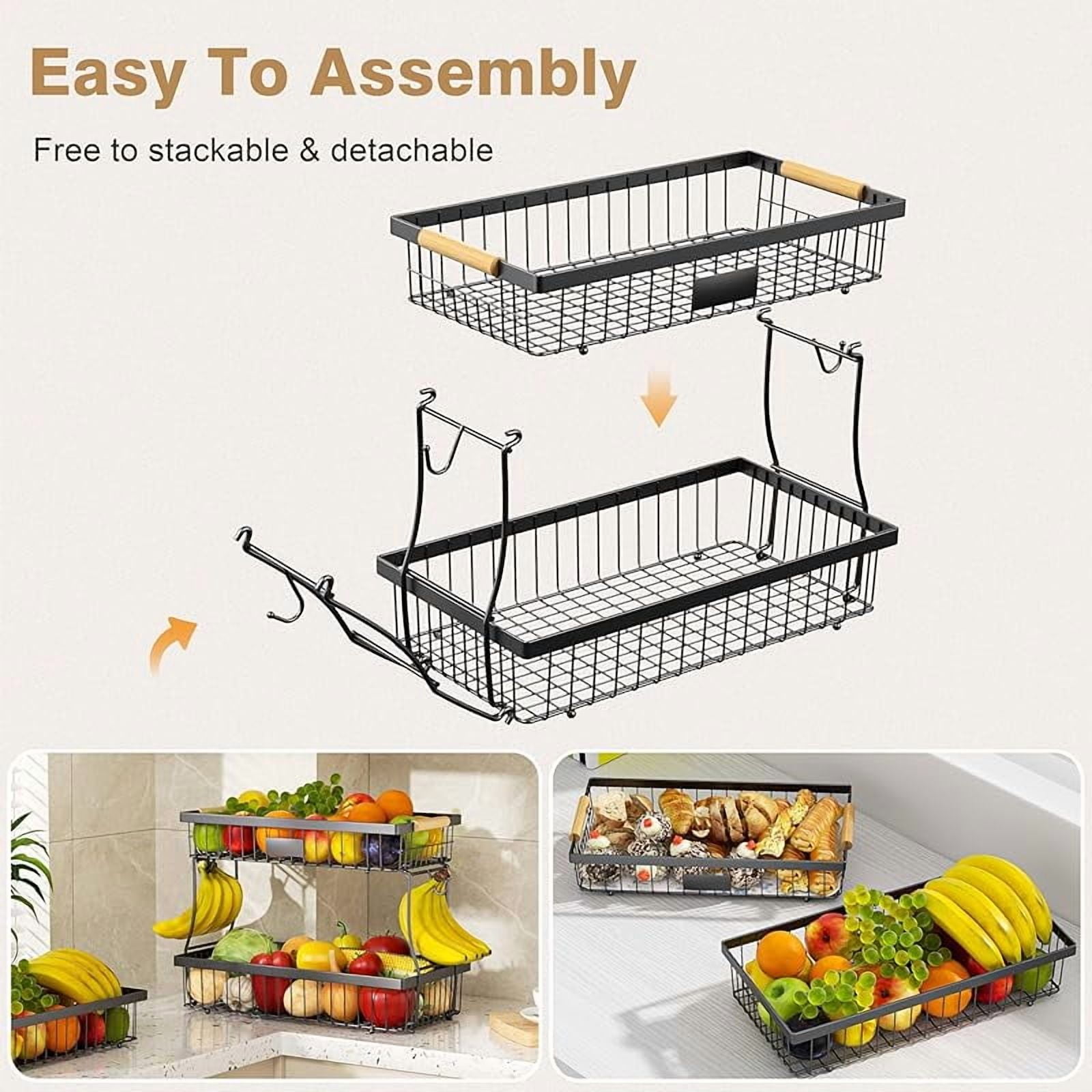 2 Tier Fruit Basket for Kitchen Counter,Wire Tiered Fruit Stand with Hangers&Handle,Corner Vegetable Rack,Two Tier Kitchen Basket For Fruits,Veggies,Snacks,Onions,Black