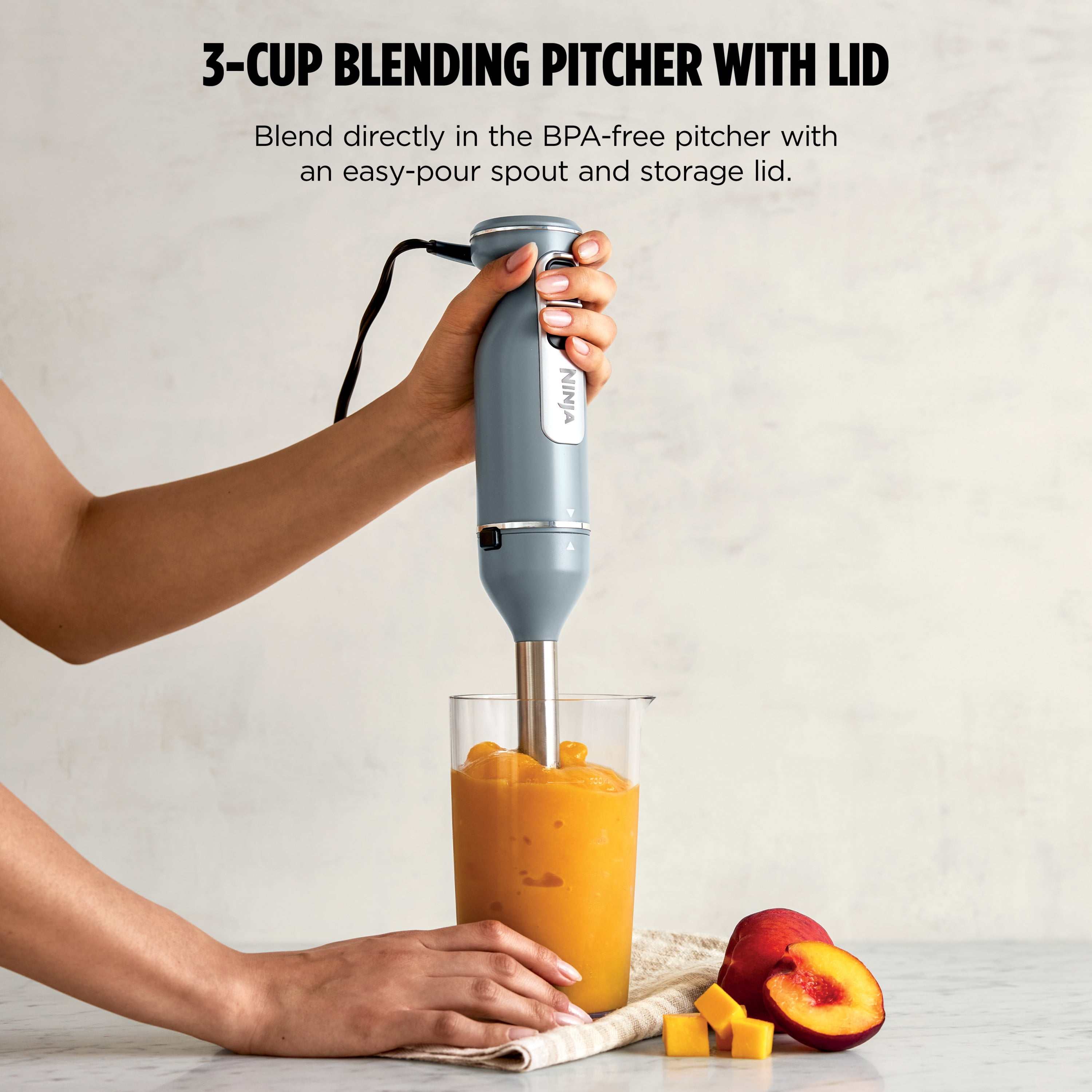 Ninja Power Duo Immersion Mixer, Hand Stick Blender, 3 Speeds, with Whisk, SplatterShield, PanProtect, 3-Cup Blending Vessel, CI200 Gray