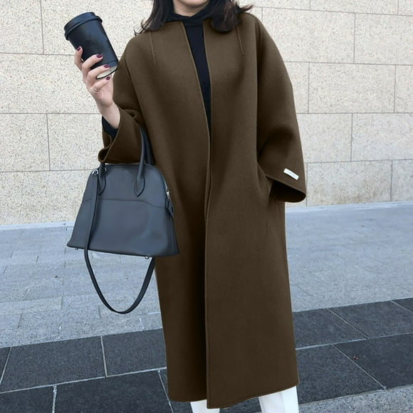 IROINID Women's Comfy Long Coat Solid Color Trench coat Long Sleeve Outwear, Brown