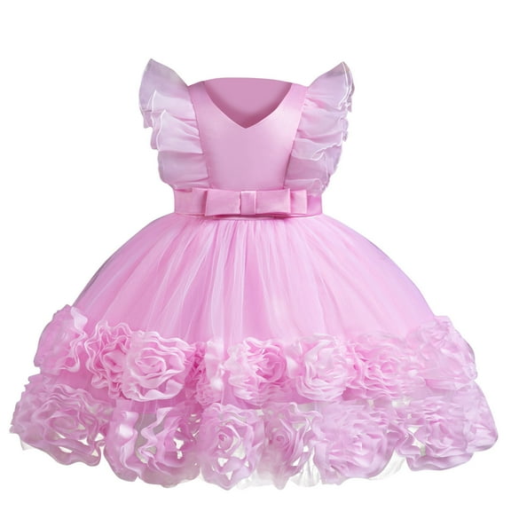 Formal Dresses for Girls 4T Flutter Sleeve Floral Tulle Tutu Dress Pageant Wedding Birthday Party Clothes, Pink, 3-4 Years