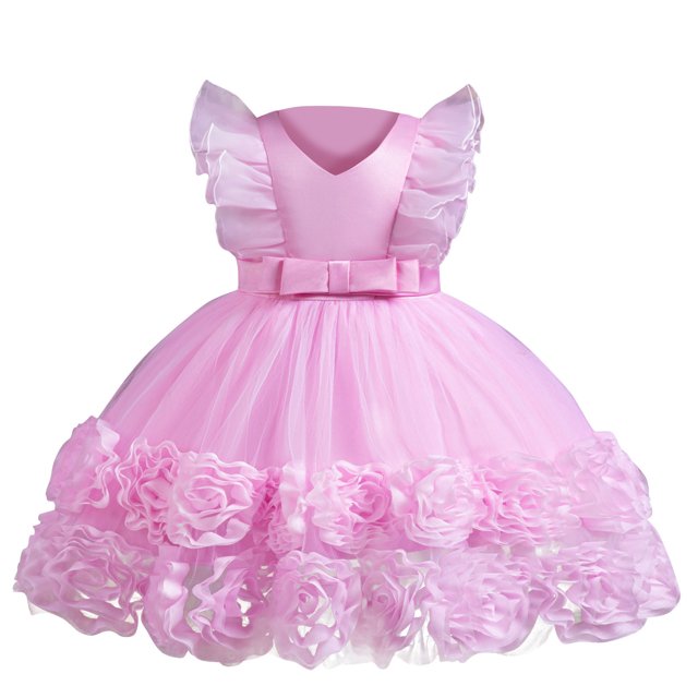 Birdeem Girls Summer New Sleeveless Ruffled Lace Round-Neck Embroidery Mesh Princess Bow Skirt
