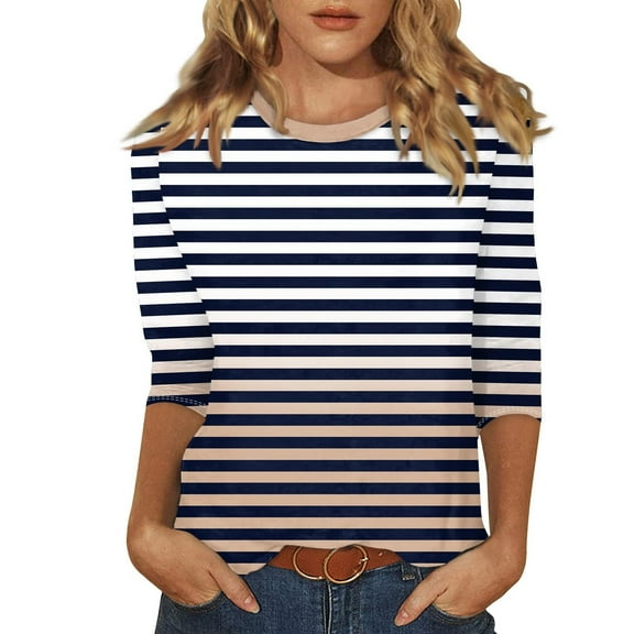 Shirts for Women Womens Elbow Length T Shirts Women's Fashion Printed T-shirt 3/4 Sleeve Blouse Round Neck Casual Tops