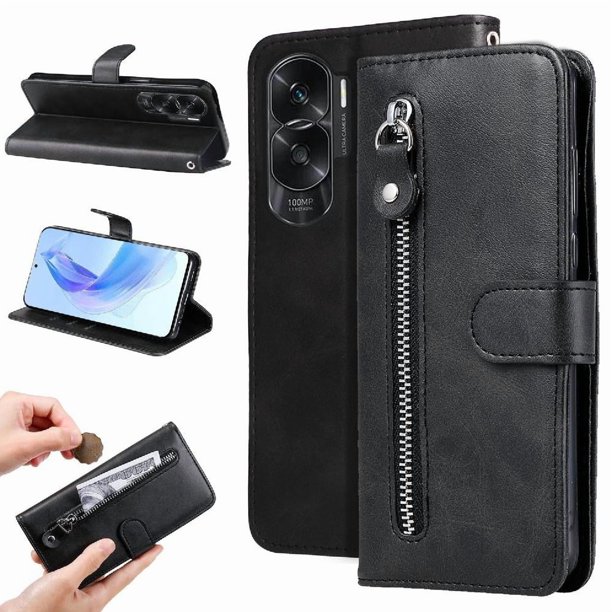 Estuche de Cuero PU con Cierre para Honor 90 Lite , Funda Protectora con Billetera y Correa