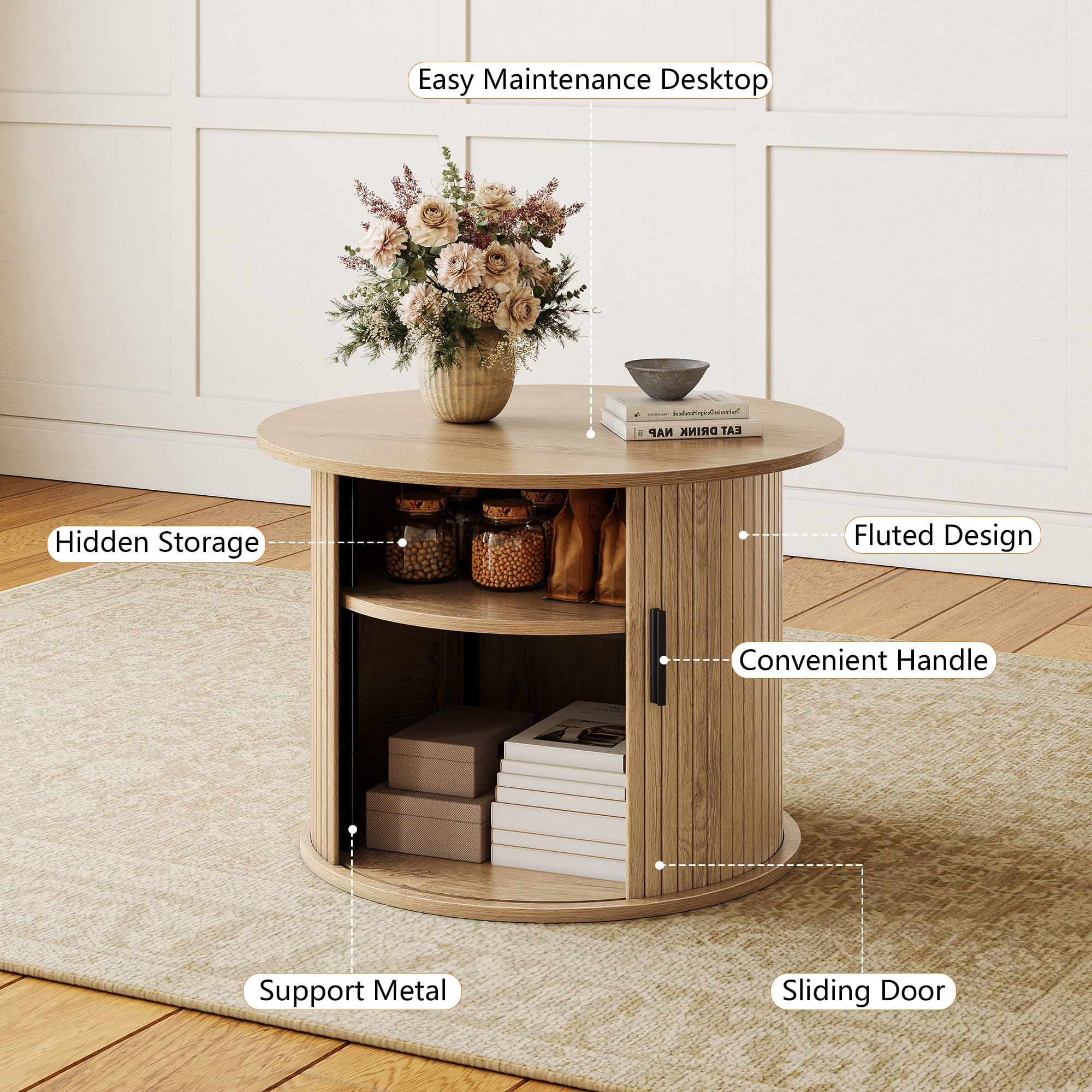 GUNAITO Round Small Coffee Table with Storage, Modern Farmhouse Center Table with Shelf Wood Table for Living Room, Natural wood