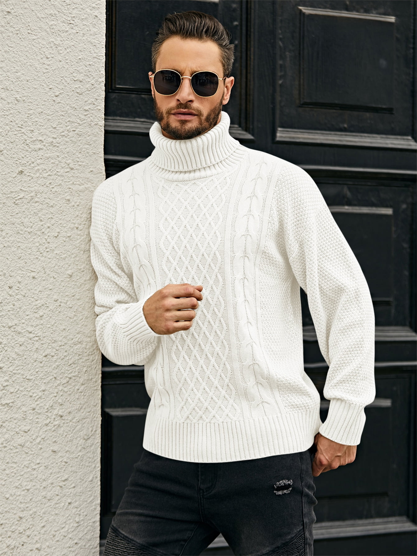 White Men Turtleneck Cable Knit Sweater 