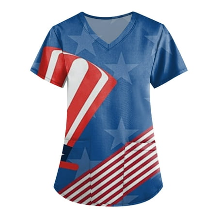 

Sksloeg Women Scrub 4th Of July American Flag Print Patriotic Top V-Neck Workwear Short Sleeve T-Shirts with Pockets Nursing Working Uniform Blue S