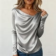 thumbnail image 2 of Lenpel Satin Blouses for Women Trendy Long Sleeve Crew Neck Ruched Curved Hem Dressy T Shirts Business Casual Tops(Silver,Medium), 2 of 5