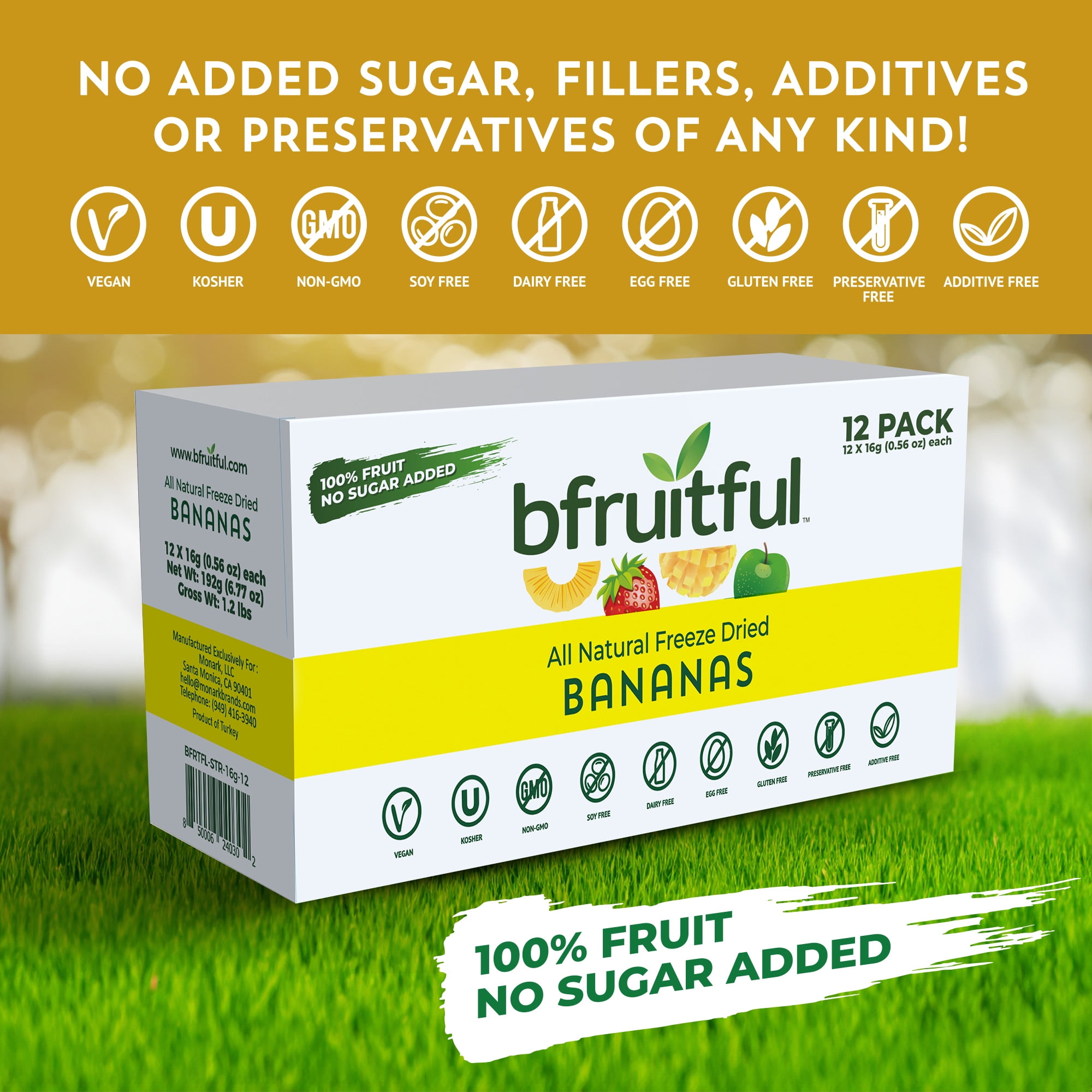 Bfruitful Freeze-Dried Bananas, Gluten Free, 12 Bags, 0.56 oz Each