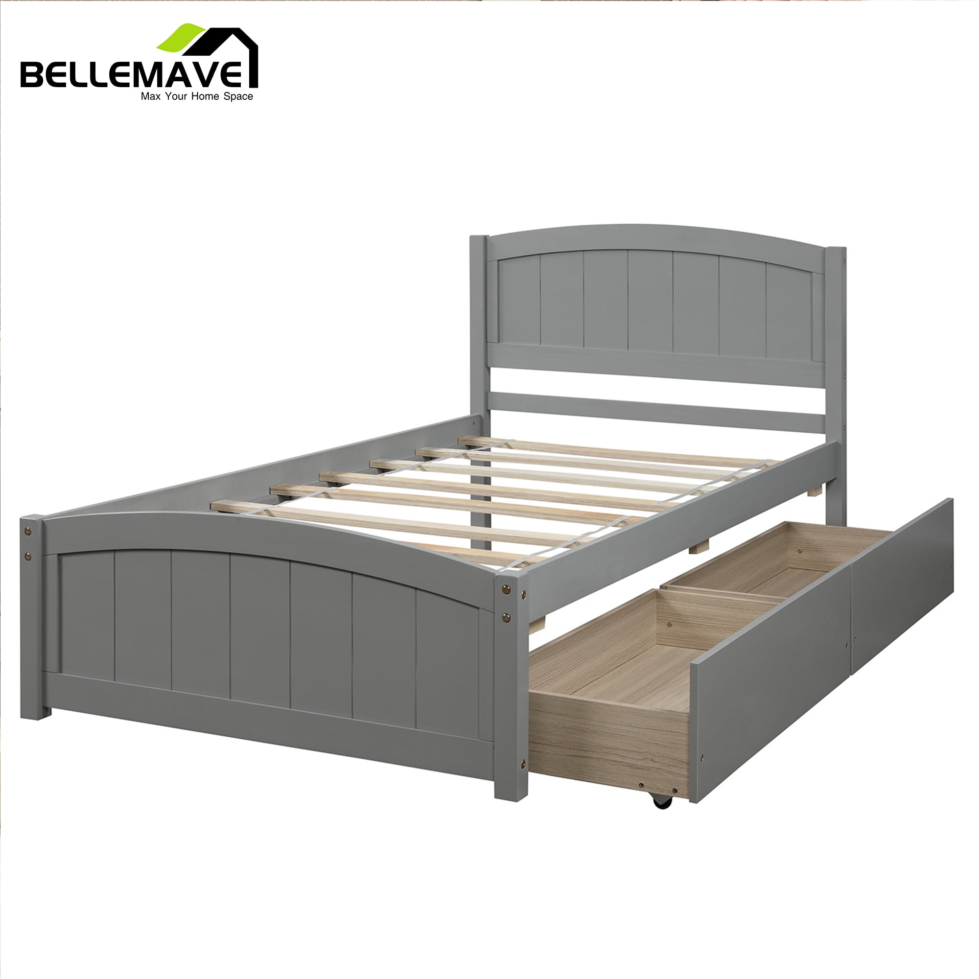 Twin Platform Bed Frame with Storage Drawer, Twin Bed Frames with Headboard and Slats, Twin Size Platform Bed Frame(Gray)
