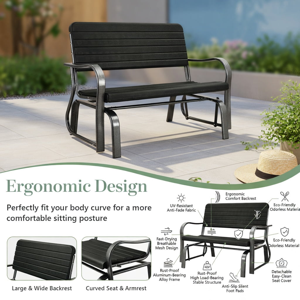 Hommoo 2-Seat Outdoor Porch Glider Chair with Heavy-Duty Steel Frame & Weather-Resistant HDPE Slats, Black