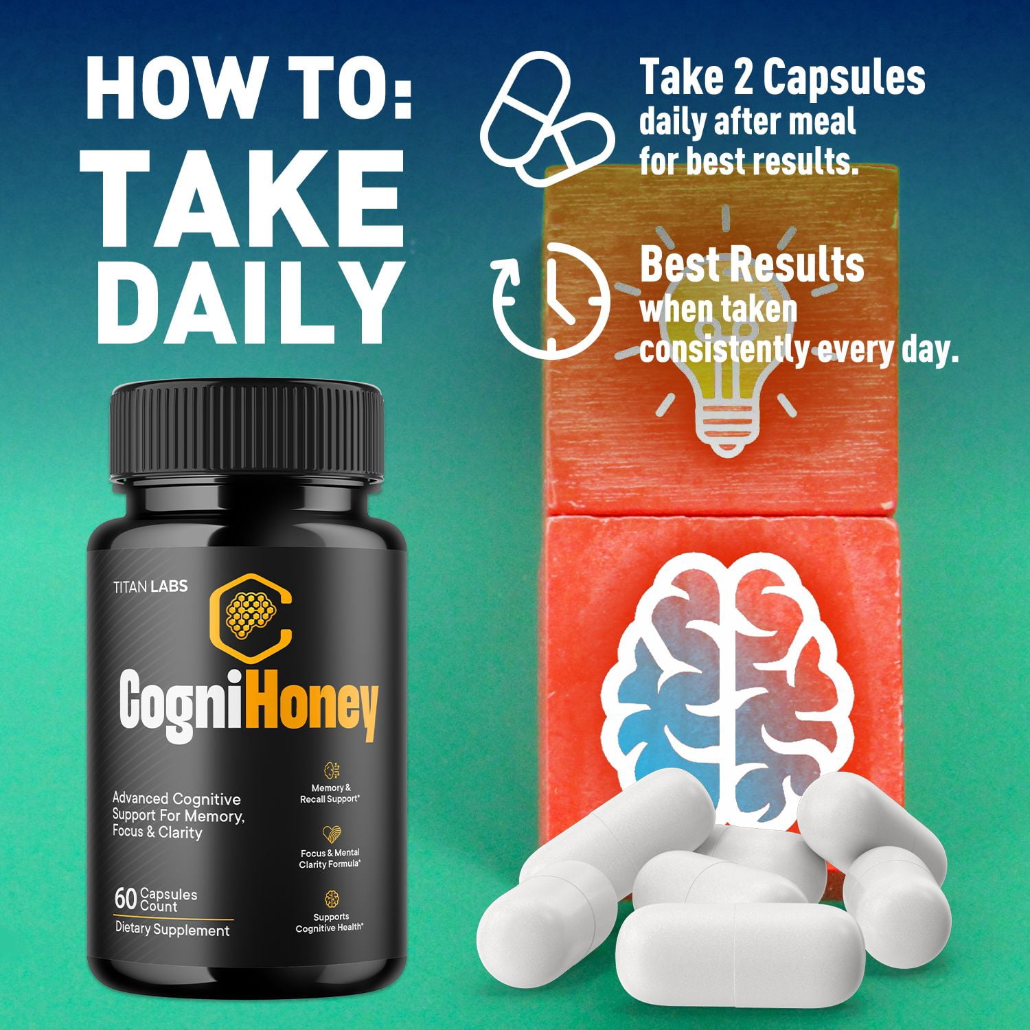 CogniHoney Advanced Brain Support Formula Supplement Cogni Honey Vitamins 60 Day Supply 120 Capsules