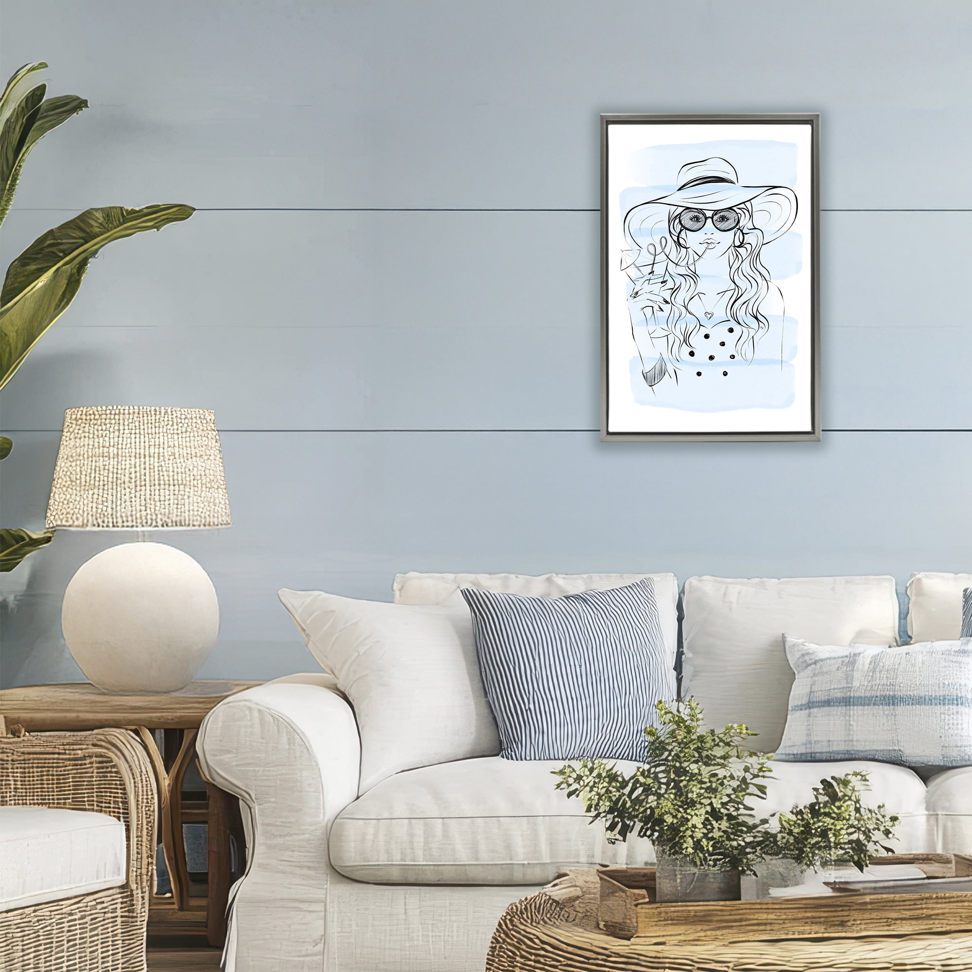 Stupell Industries Sipping Drink Girl in Sun Hat Gray Framed Floater Canvas Wall Art, design by Martina Pavlova