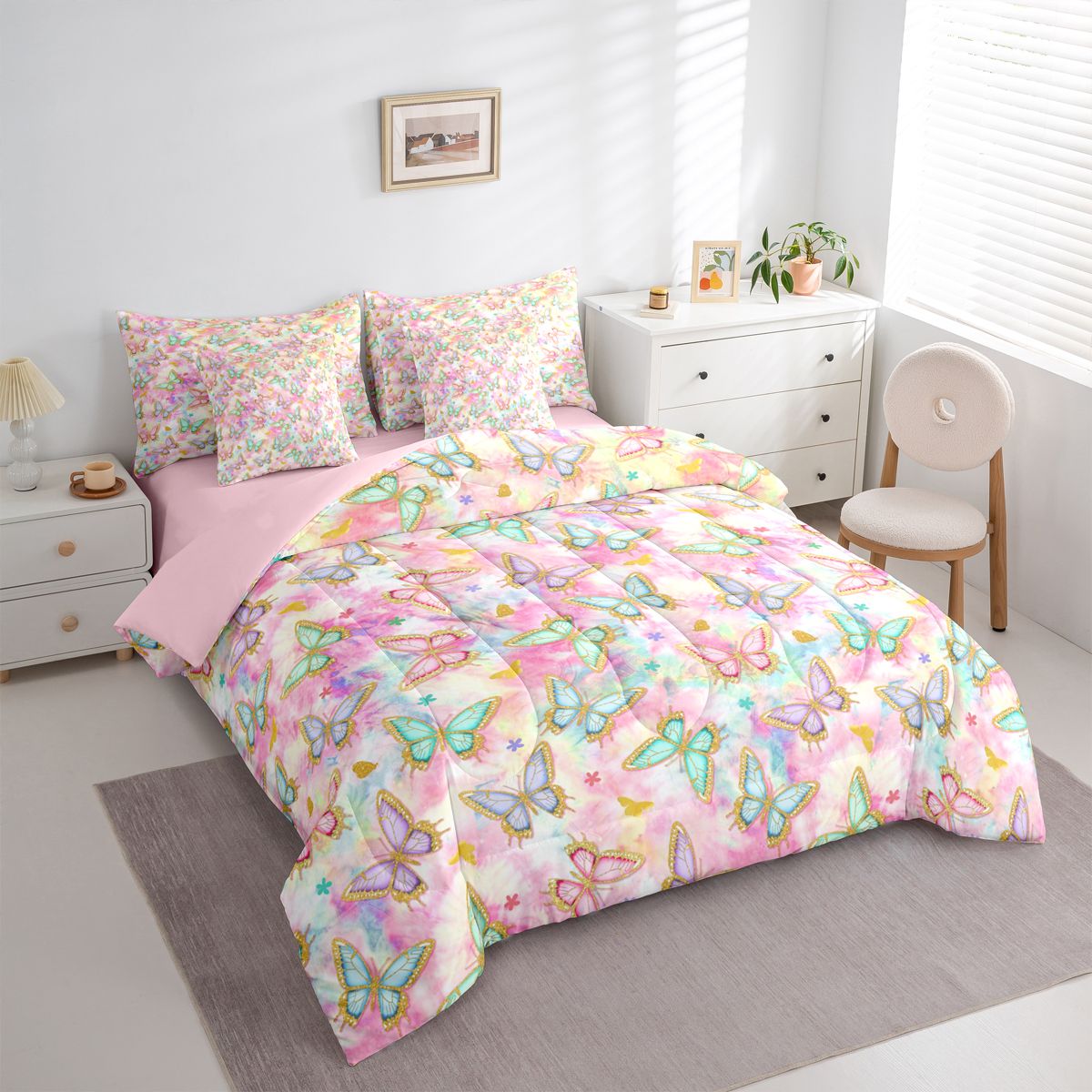 jejeloiu Cute Cartoon Butterflies 7-Piece Twin Bedding Sets,Modern Watercolor Aesthetic Bedding Comforter Set,Gold Glitter Print Sheet Sets For Kids,Breathable Home Decor Reversible