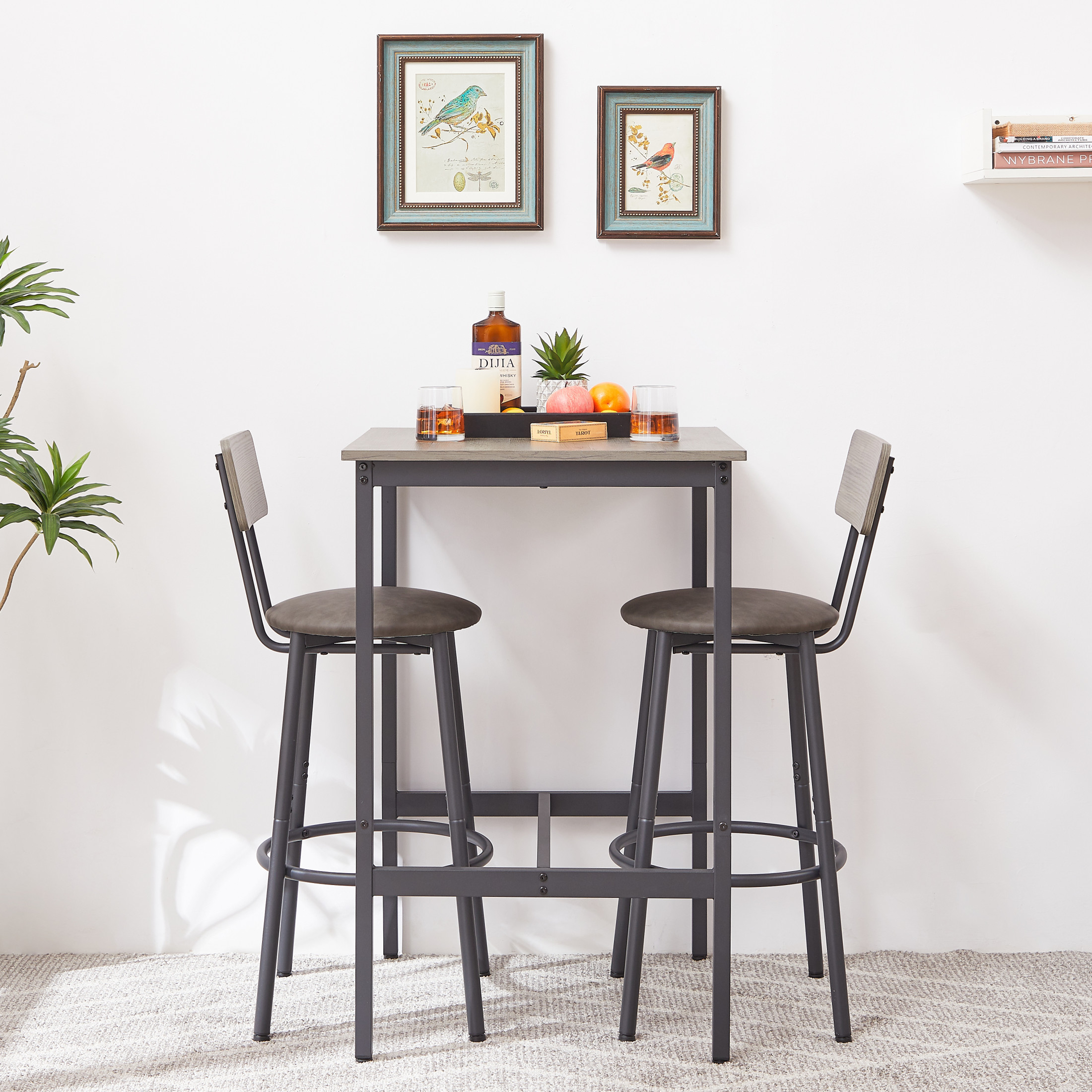 Noble House Industrial 3-Piece Bar Set, Space-Saving Square Pub Table with 2 PU Upholstered Stools, Grey
