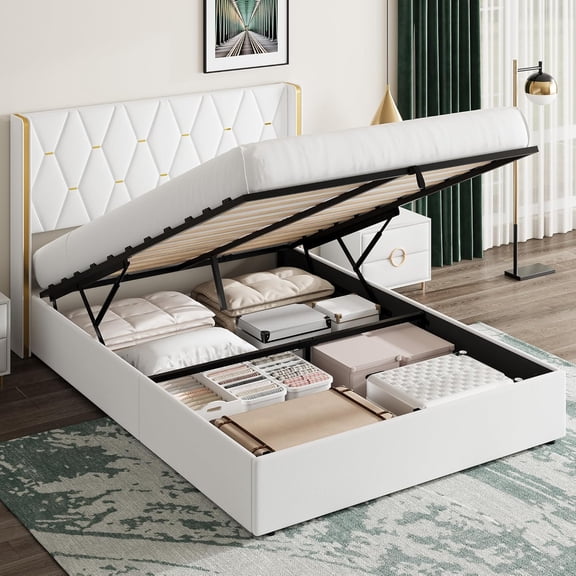 Full Size Lift Up Storage Bed Frame with with Gold Wingback Headboard, Velvet Upholstered Bed Frame with Diamond Tufted Design & Gold Trim, Hydraulic Support, No Box Spring Needed, White
