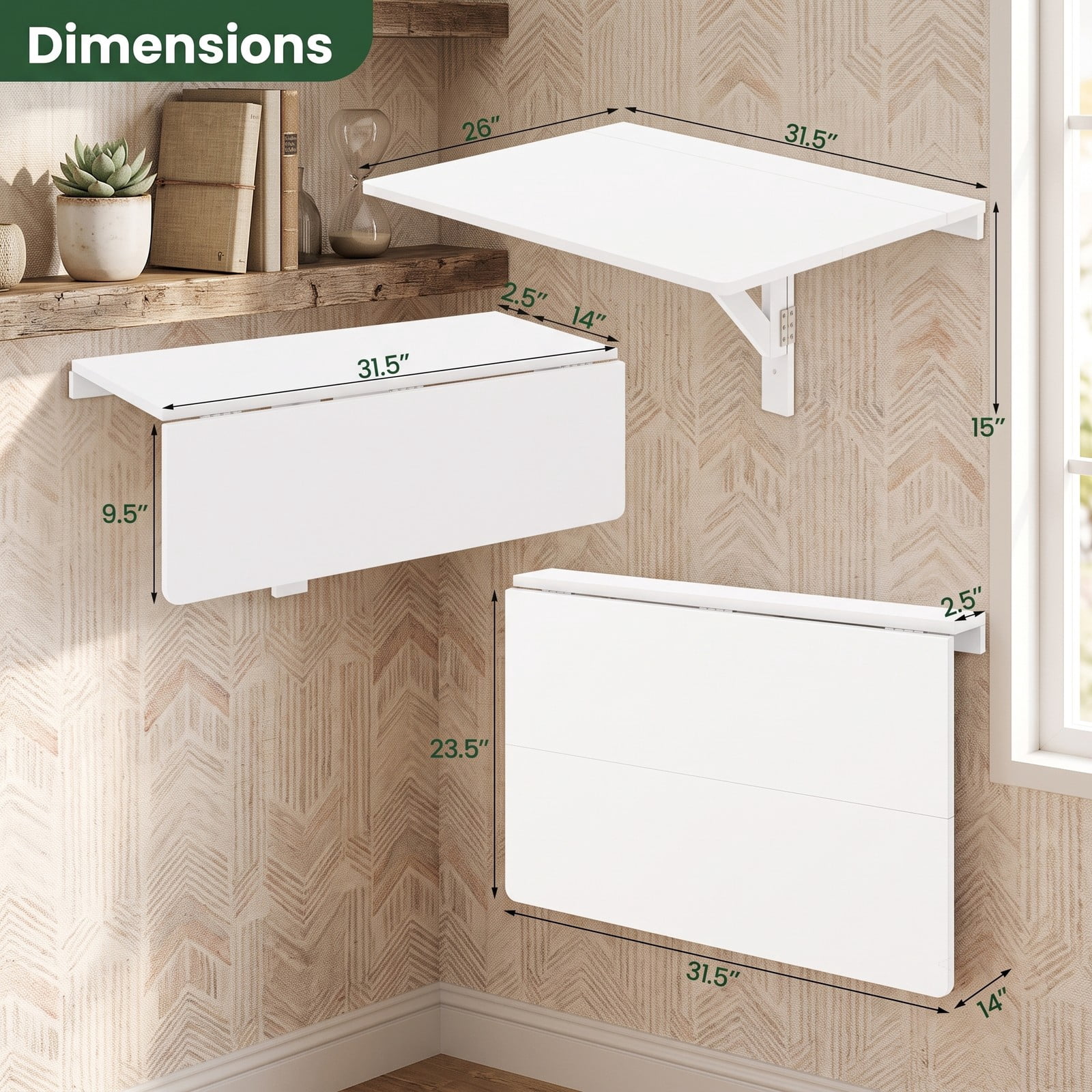 Furnibear Wall Mounted Drop-Leaf Folding Table, 31.5 x 23.5 Inch Space Saving Fold Down Wall Table for Small Spaces, Kitchen, Dining, Home Office, Balcony, White