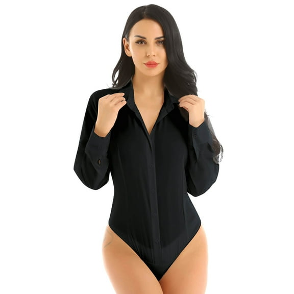 renvena Women One-Piece Turn-down Collar Long Sleeve Button Down Easy Care Work Bodysuit Shirt