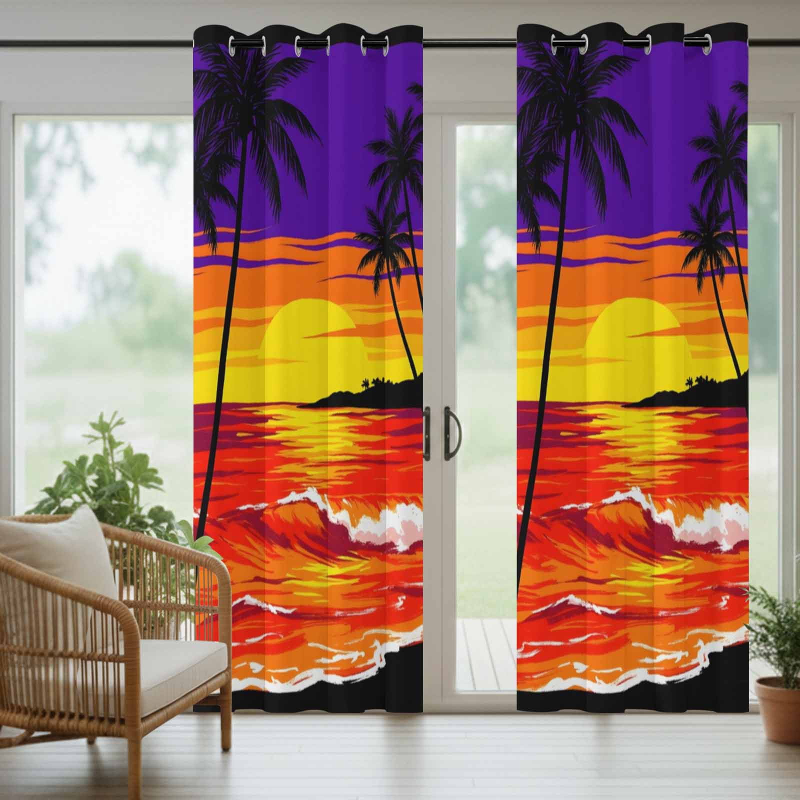 Sunset Beach Outdoor Curtains for Patio, Boho Tropical Palms Coastal Orange Evening Glow Sunshade Privacy Drapes Grommet Waterproof Outside Curtains for Porch/Cabana/Balcony 54"x 108", 1 Panel
