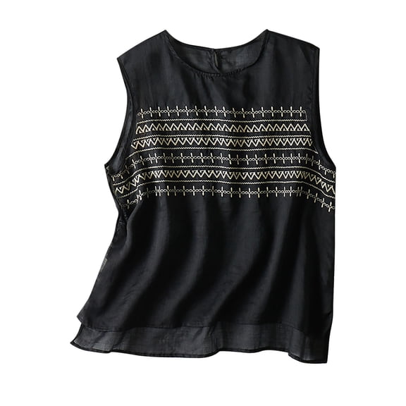 ChaoHeng Women Tank Tops 1.00 Summer Tank Tops for Women 2025 Women's Spring/Summer Casual Fashion Loose Embroidered Ramie Sleeveless Top