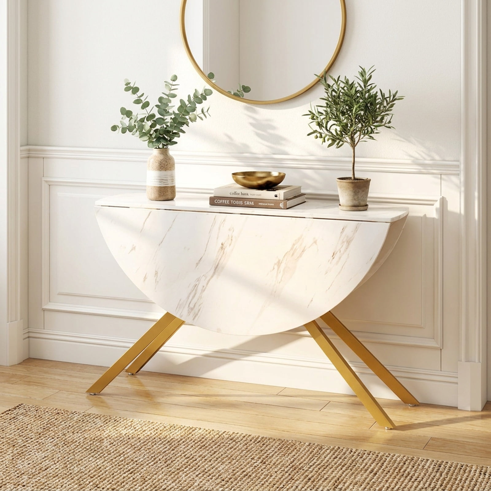 Furnibear Folding Dining Table 47 Inch Extendable Round Kitchen Table with Drop Leaves for Kitchen Dining Room Breakfast Nook Small Space Home, White