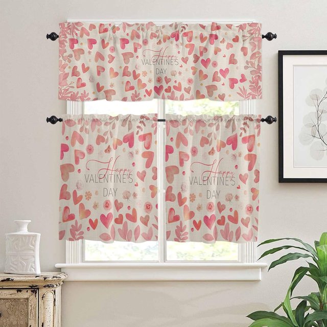Retro Valentine''s 3 PCS Kitchen Curtain Valance and Tiers Set, Rod Pocket Small Half Tier Valances Window Curtains Panel, Vintage Spring Flower Botanical Love 55"x24" (Set of 2 Tiers & Valance)
