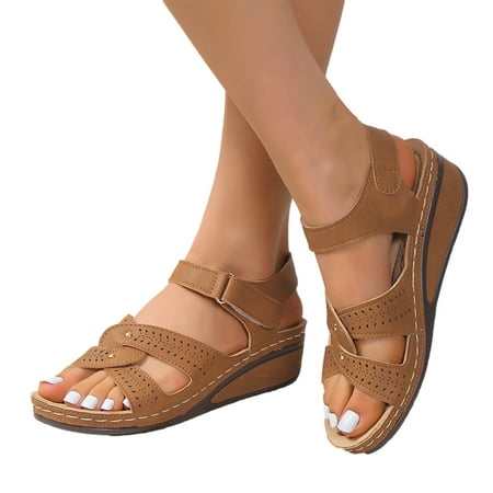 

Xfvqtps Sandals for Womens Cross Straps Arch Support Mid Wedge Open Toe Hollow out Breathable Ankle Velcro Soft Sole Non Slip Beach Summer Walking Casual Shoes Brown