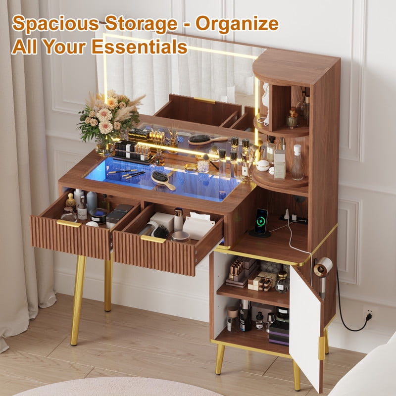 41.7" Fluted Makeup Vanity Desk with Large 30" Mirror and Rotating Cabinet, Modern Glass Top Big Vanity Table with 4 Drawers & Lights, Dressing Table Set Charging Station for Bedroom