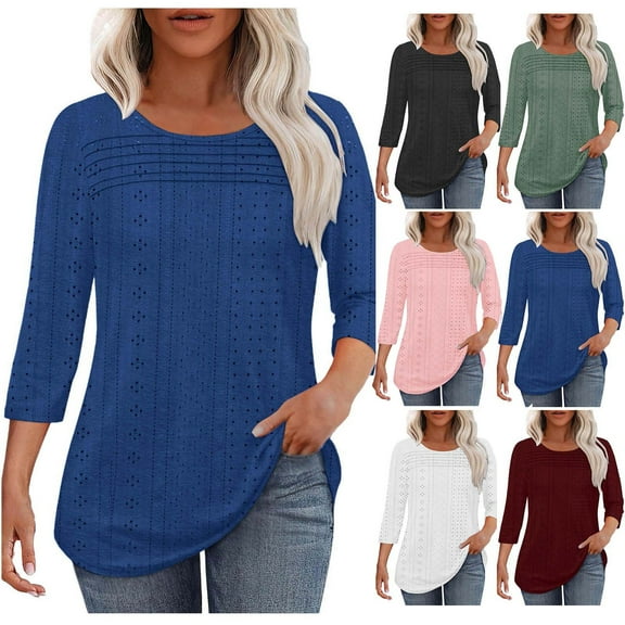 Simua Women's 3/4 Sleeve Eyelet Tops Casual Round Neck Business Blouse Solid Color Tunic T-shirt