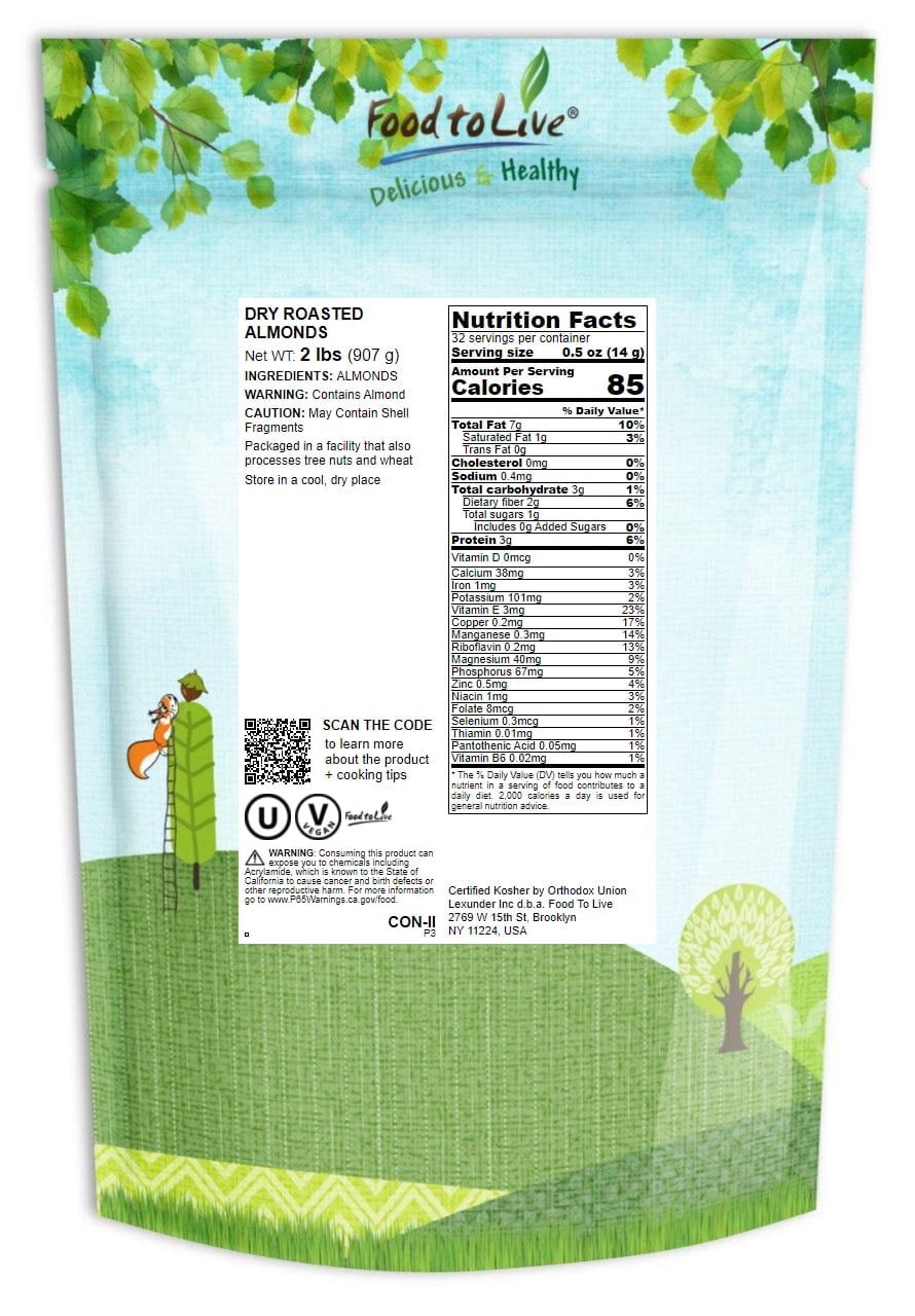 Dry Roasted Almonds, 2 Pounds — Kosher, Vegan — by Food to Live