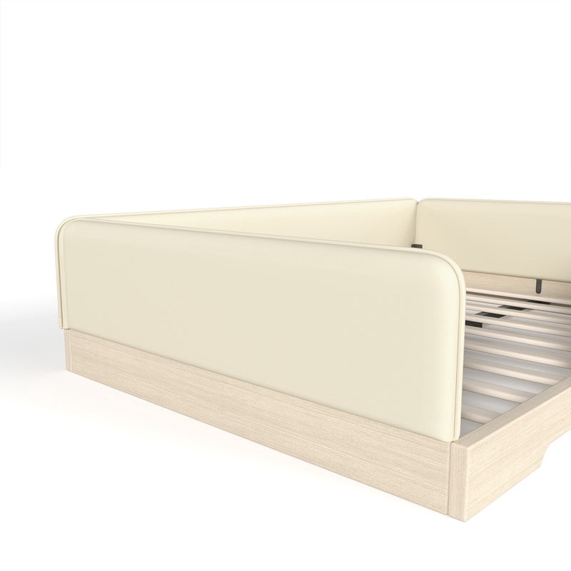 Full Size Faux Leather Upholstered Floor Bed, Kids Montessori Bed Frame with Removable Guardrail, Low Profile Platform Bed