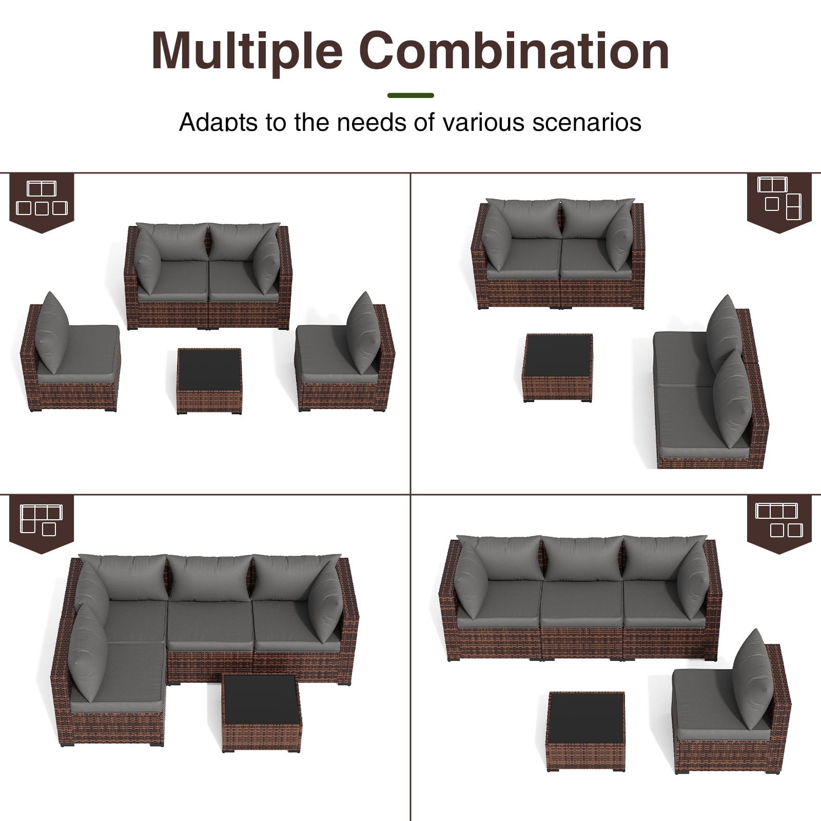 ELPOSUN 5 Pieces Patio Furniture Set All Weather Outdoor Sectional Sofa, Outdoor Modern Sectional Furniture Wicker Couch with Glass Coffee Table, Thicken Gray Cushions, Water Resistant