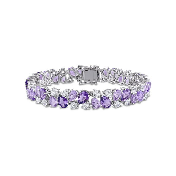 28.50 Carat (Ctw) Amethyst, Rose De France, Lab Created White Sapphire Bracelet in Sterling Silver