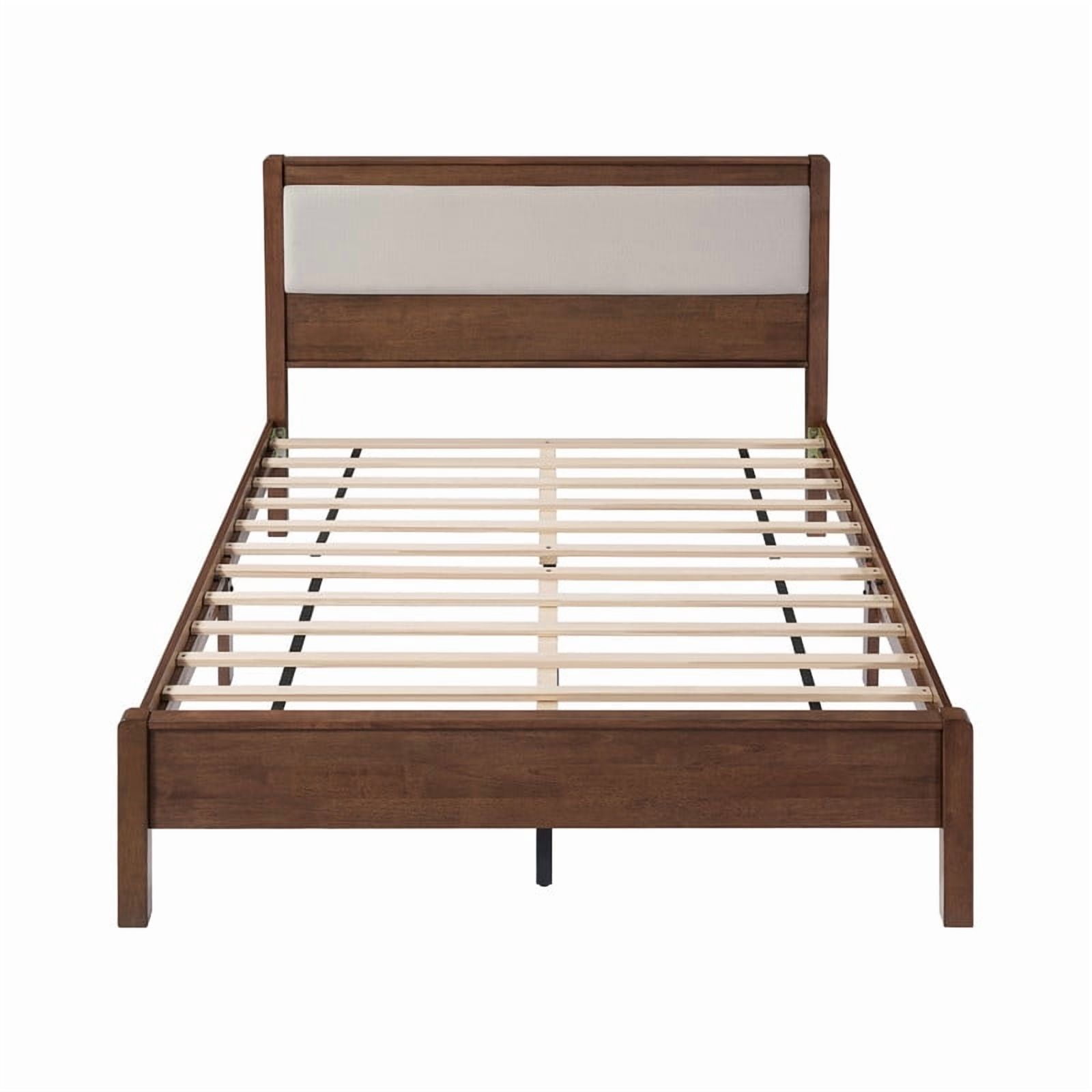 Queen Size Wooden Bed Frame with Upholstered Headboard, Low Profile Platform Bed with Central Support Legs
