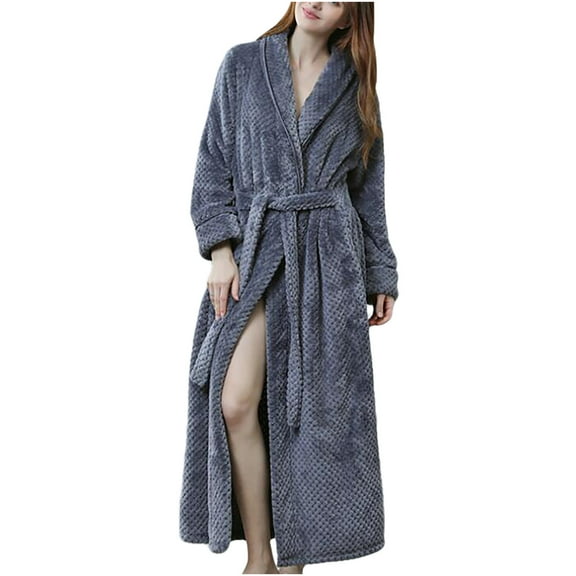 TMOYZQ Women Waffle Flannel Fleece Shawl Collar Full-Length Bathrobe Fuzzy Plush Long Robe Soft Warm Spa Bathrobe Housecoat Nightgown Sleepwear with Pockets
