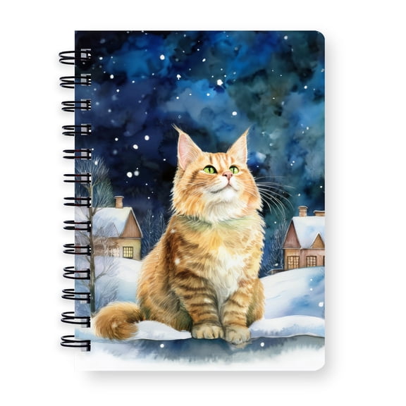 Hello Winter Maine Coon Welcome Snowy Night Watercolor Vintage Spiral Bound Journal Cat Lover Kitten Owner Gifts 5x7in Spiral Notebook - 01011