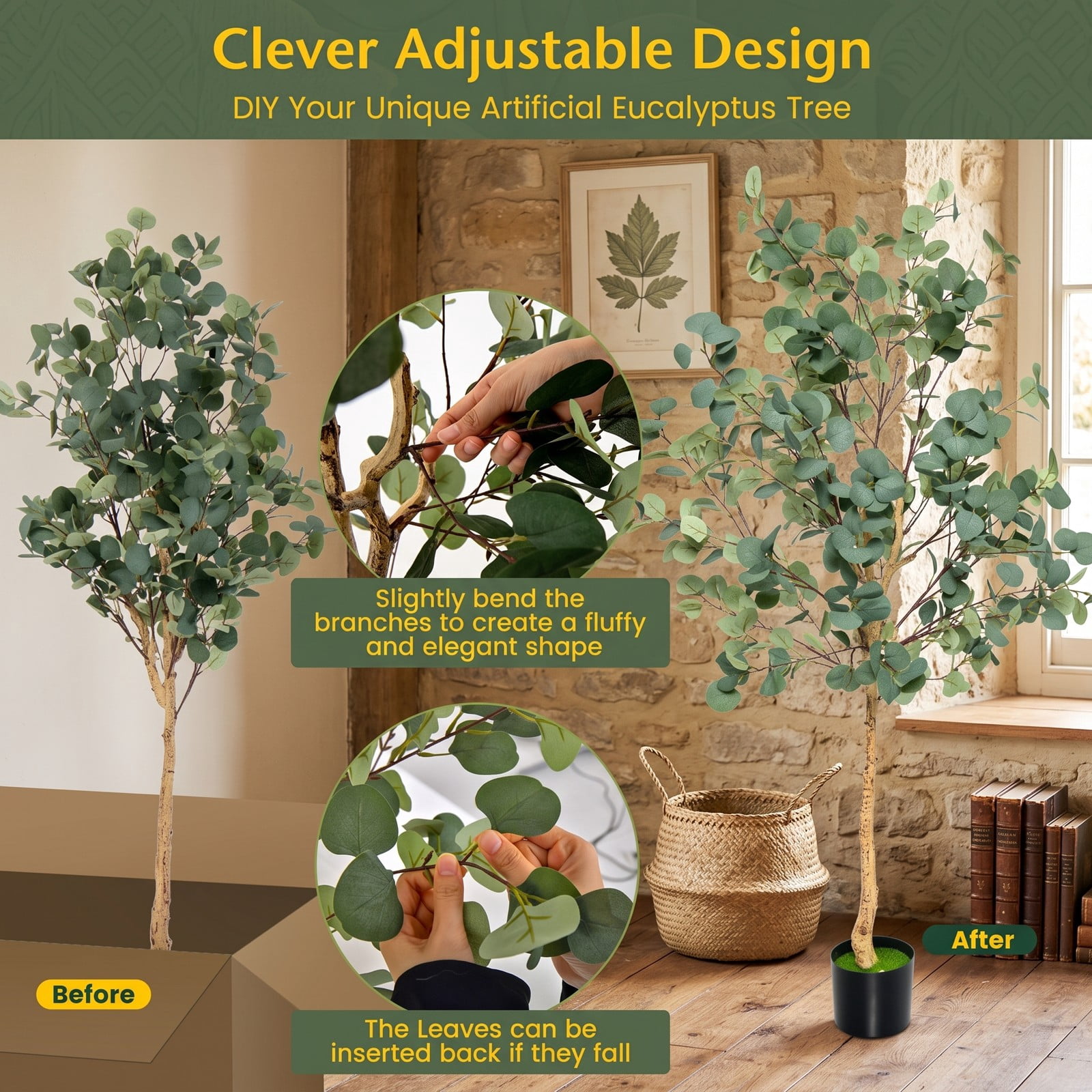 ALPULON 5.5 FT Artificial Eucalyptus Tree, Faux Silver Dollar Tree with 517 Leaves and Cement Pot, Tall Fake Plant for Indoor Home Office Living Room Corner, Green