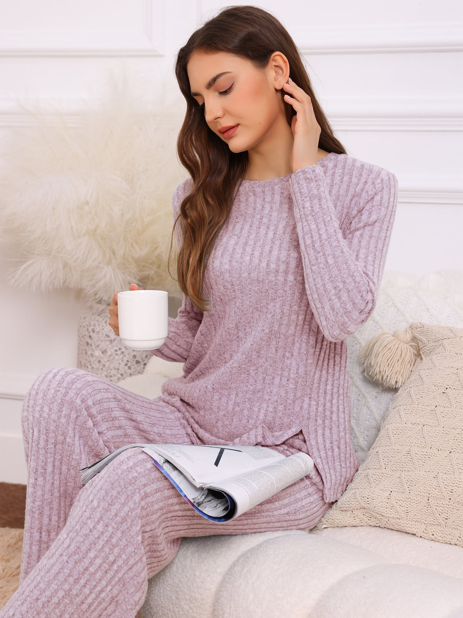 DARING DIVA Women's Knit Long Sleeve Ribbed Sleepwear Soft Crewneck Sets XS Purple