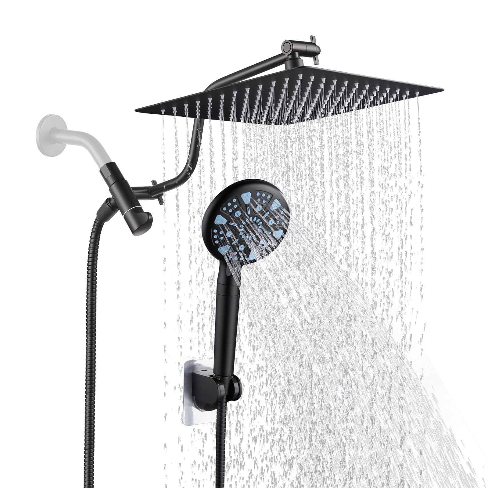 Cobbe 10-Inch Dual Shower Heads with Handheld Spray Combo, 3-Way Rain Shower Head, 9-Spray Patterns Handheld Shower, Matte Black