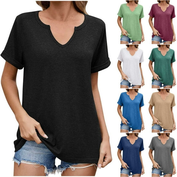 Otvok Womens Solid Color Tops V-Neck Short Sleeved T-Shirt for Summer
