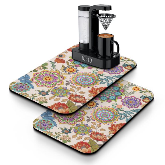 2 Pack Washable Rubber Multicolored Flower Leaves Dish Drying Mats for Kitchen Counter Home Large Coffee Bar Pad Accessories and Decor for Utensils Stemware (2pcs 19.5''x12'')